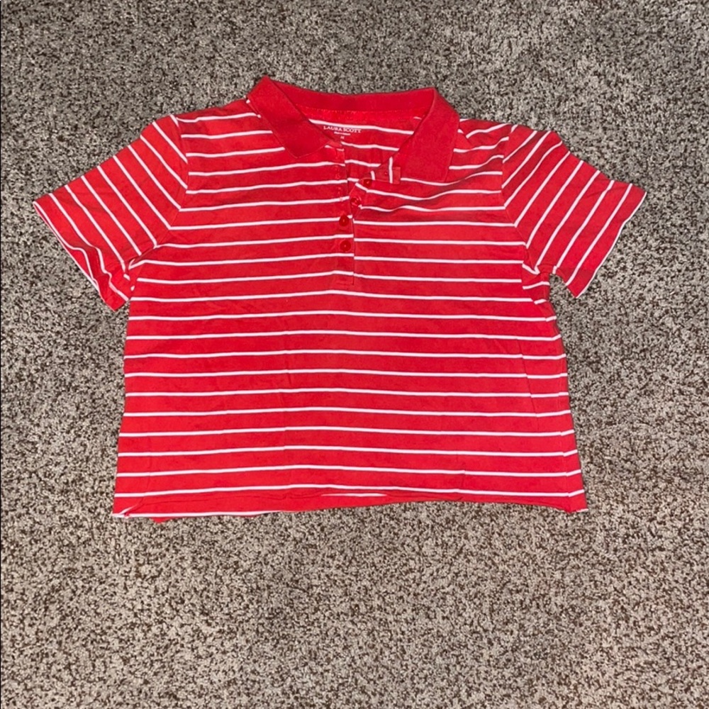 A red-orange white stripes cropped tee.